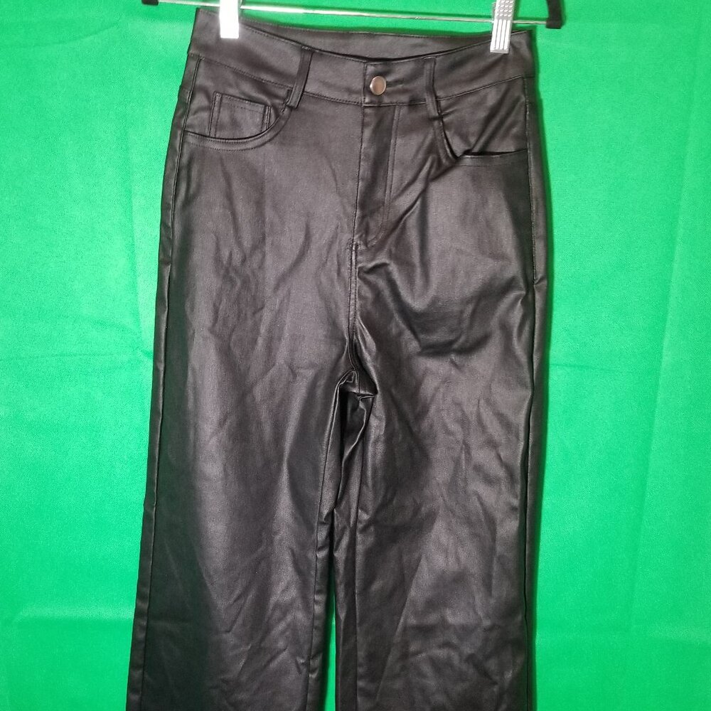 SHEIN Women Black High Rise Faux‎ Leather Wide Leg Pants Size Med Festival Party